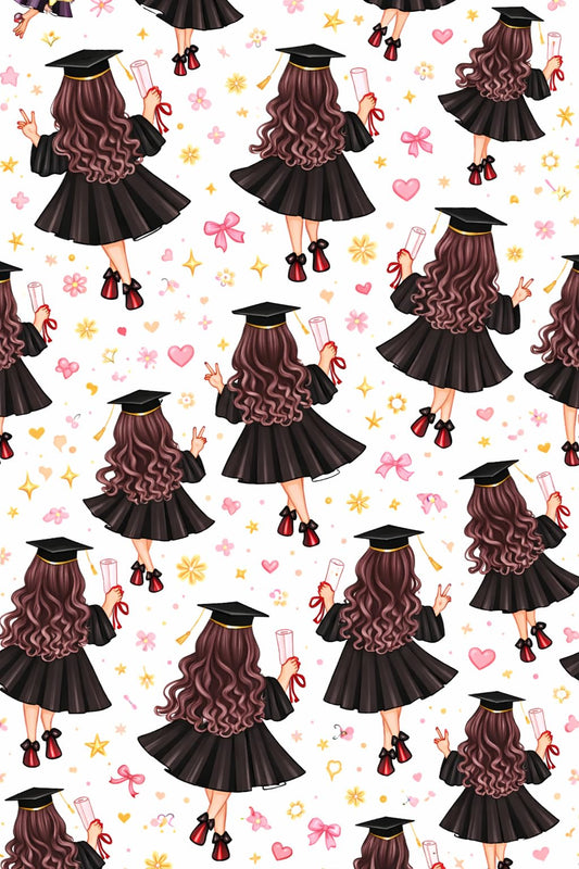 Back of Brunette in Cap & Gown Graduation with Diploma Pattern Edible Image Photo Cake Topper For Quarter Sheet Cake