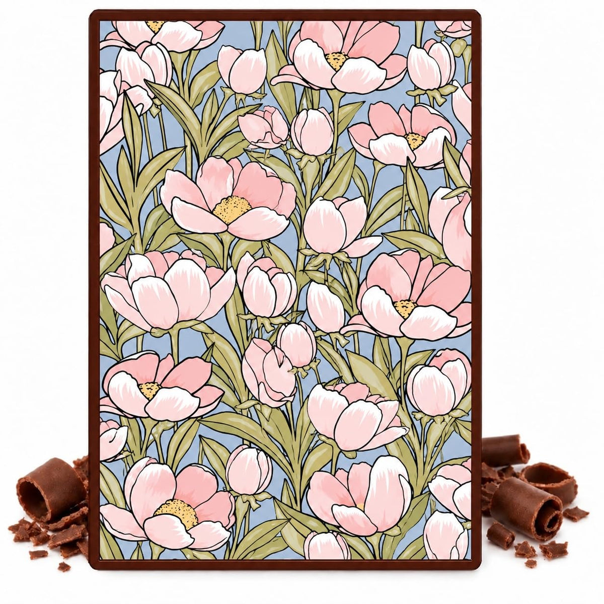 Pale Pink Flowers and Olive Leaves on Blue Pattern Edible Chocolate Transfer Sheet, by Party Poppin Cake Toppin. (1 Count)