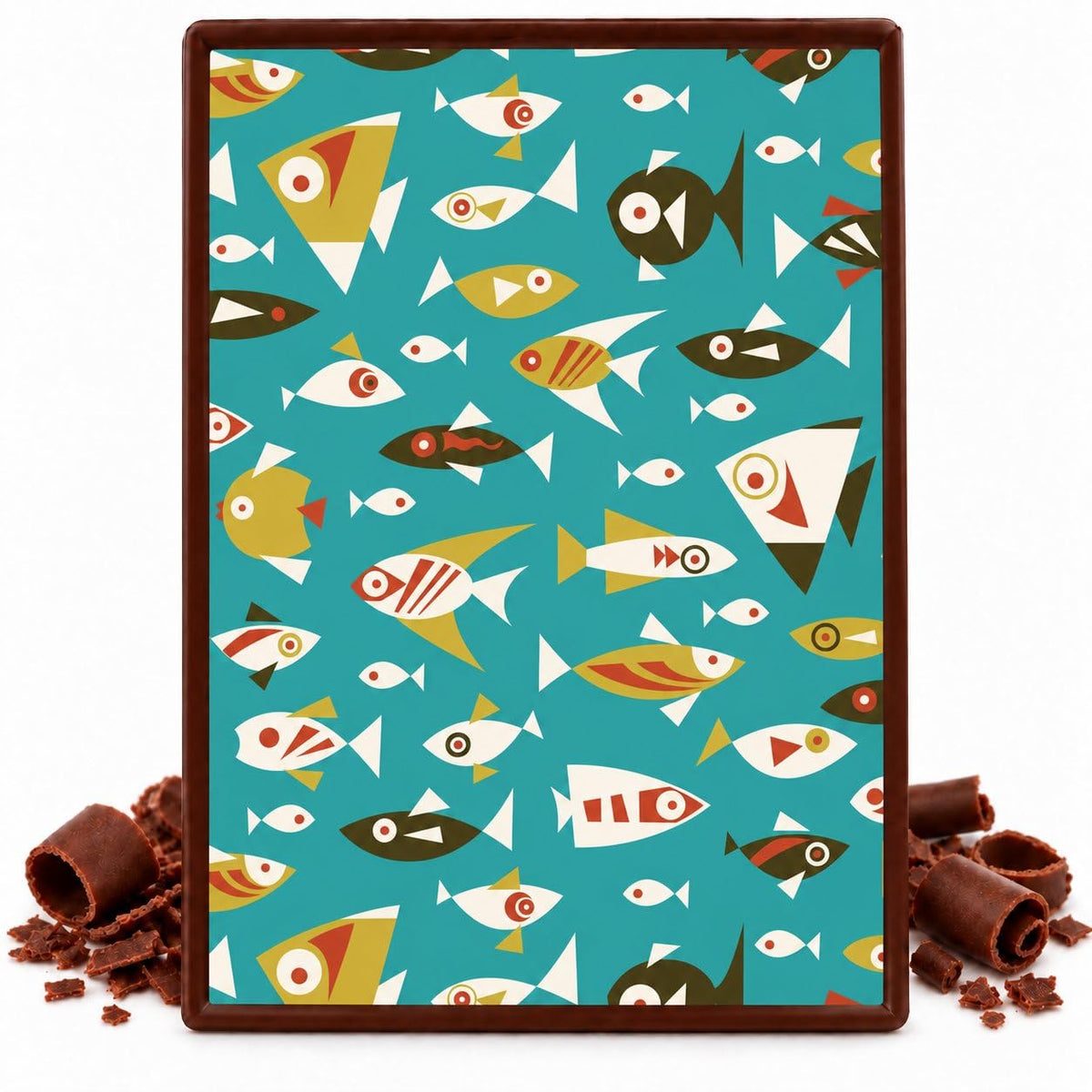 Colorful Retro Fish on Teal Pattern Edible Chocolate Transfer Sheet, by Party Poppin Cake Toppin. (1 Count)