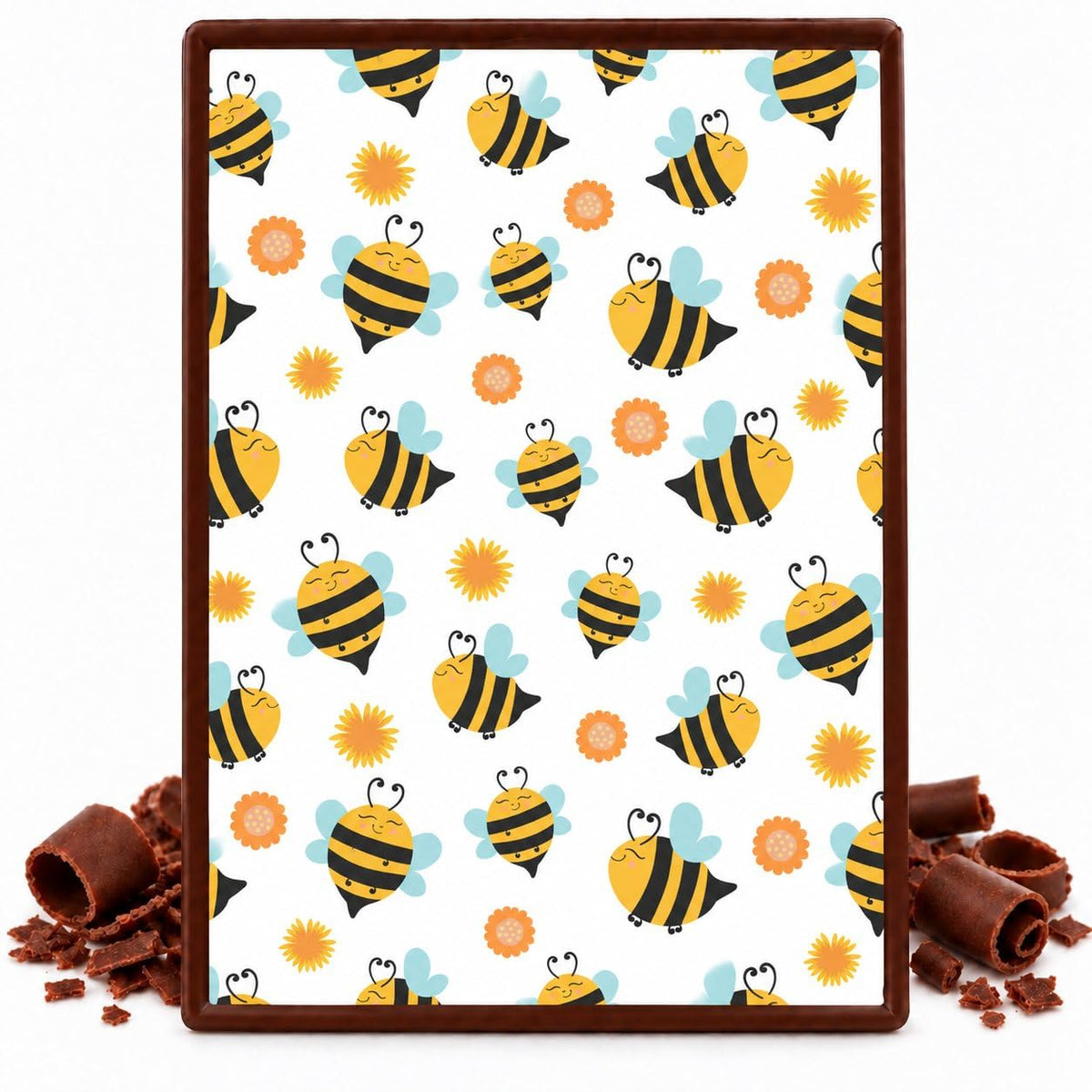 Honeybees and Orange Flowers Pattern Edible Chocolate Transfer Sheet, by Party Poppin Cake Toppin. (1 Count)