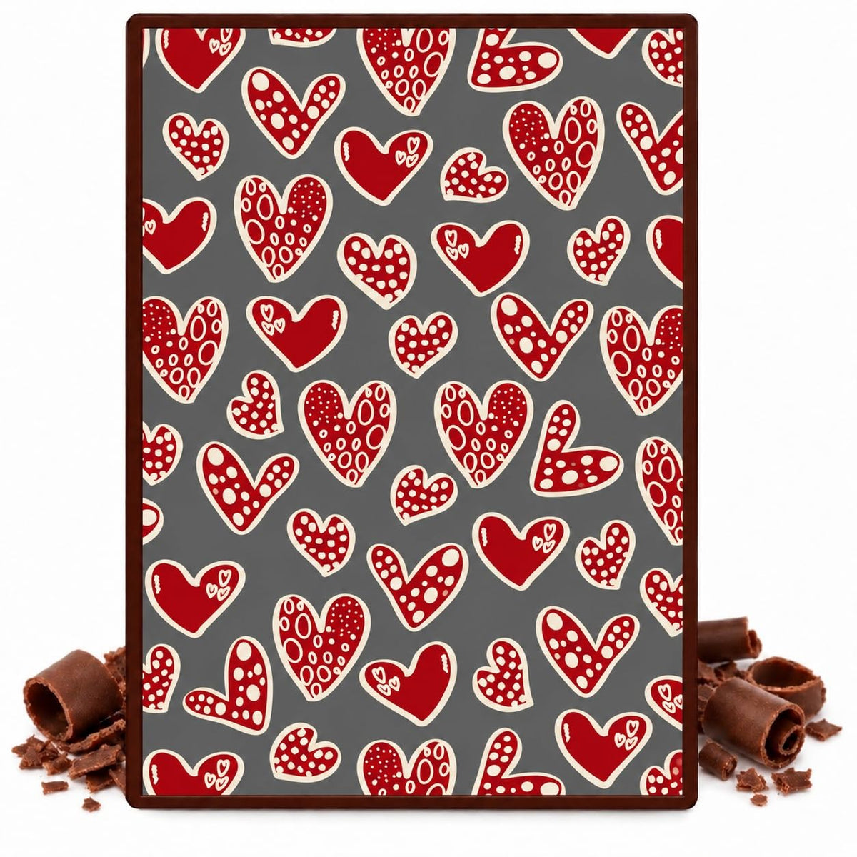 Red and Cream Doodle Hearts on Gray Pattern Edible Chocolate Transfer Sheet, by Party Poppin Cake Toppin. (1 Count)