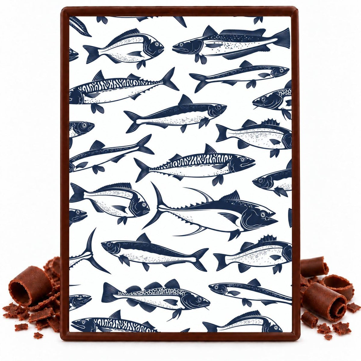 Navy Fish on White Pattern Edible Chocolate Transfer Sheet, by Party Poppin Cake Toppin. (1 Count)