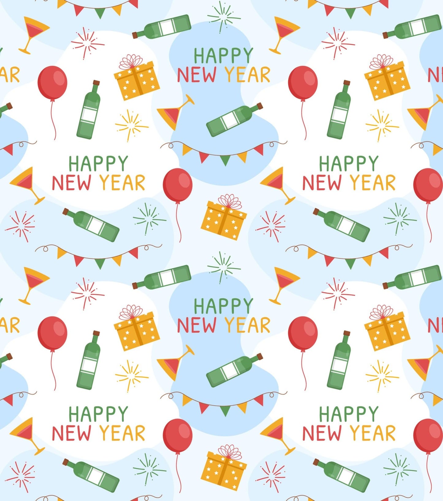 Festive Happy New Year Celebration Bottles, Balloons Pattern Edible Image Photo Cake Topper For Half Sheet Cake