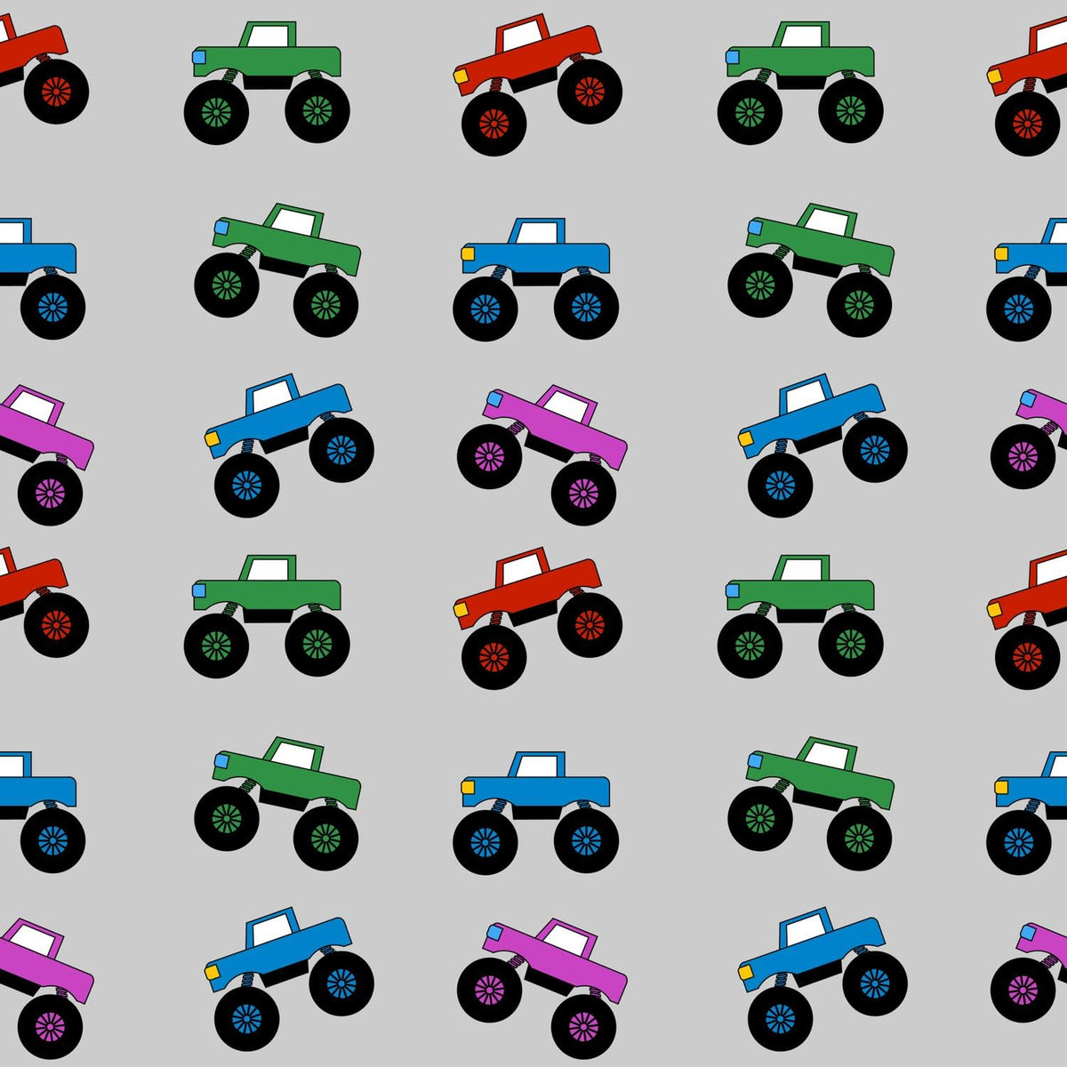 Colorful Monster Trucks on Gray Pattern Edible Image Cake Border Strips, by Party Poppin Cake Toppin. (1 Count)
