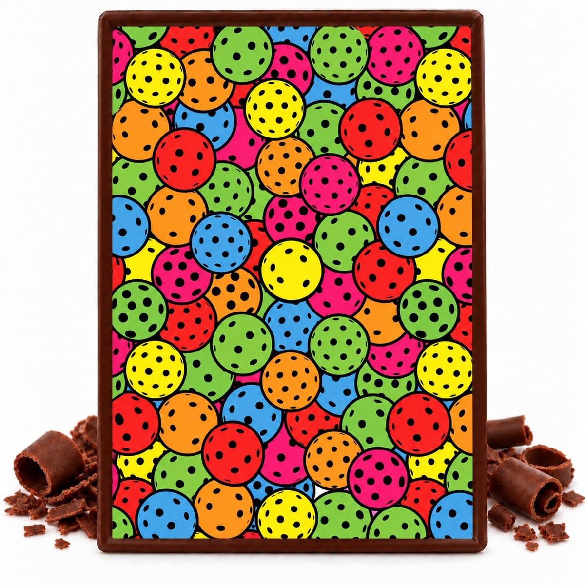 Multicolor Pickleballs on Black Pattern Edible Chocolate Transfer Sheet, by Party Poppin Cake Toppin. (1 Count)