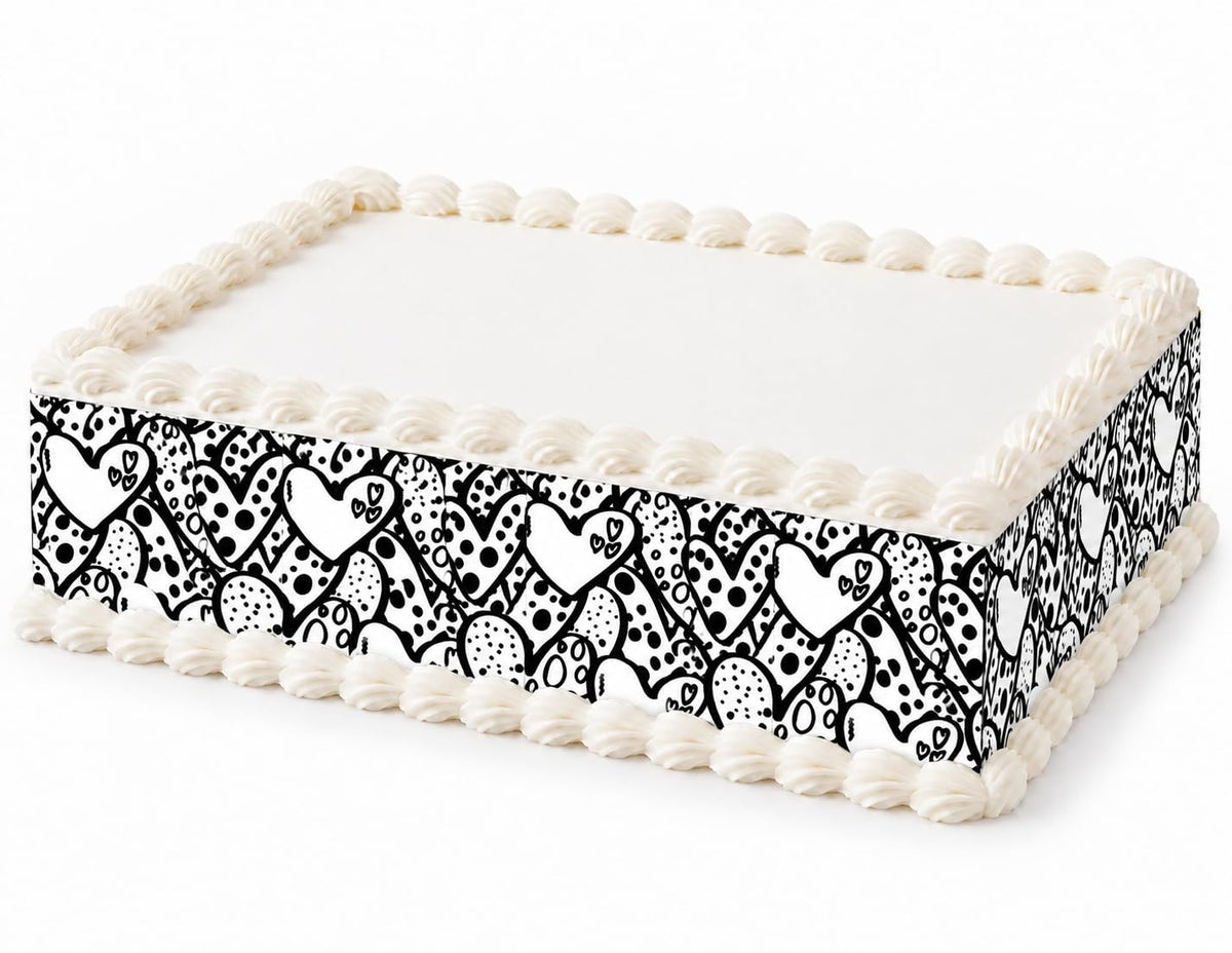 Black and White Doodle Hearts Pattern Edible Image Cake Border Strips, by Party Poppin Cake Toppin. (1 Count)