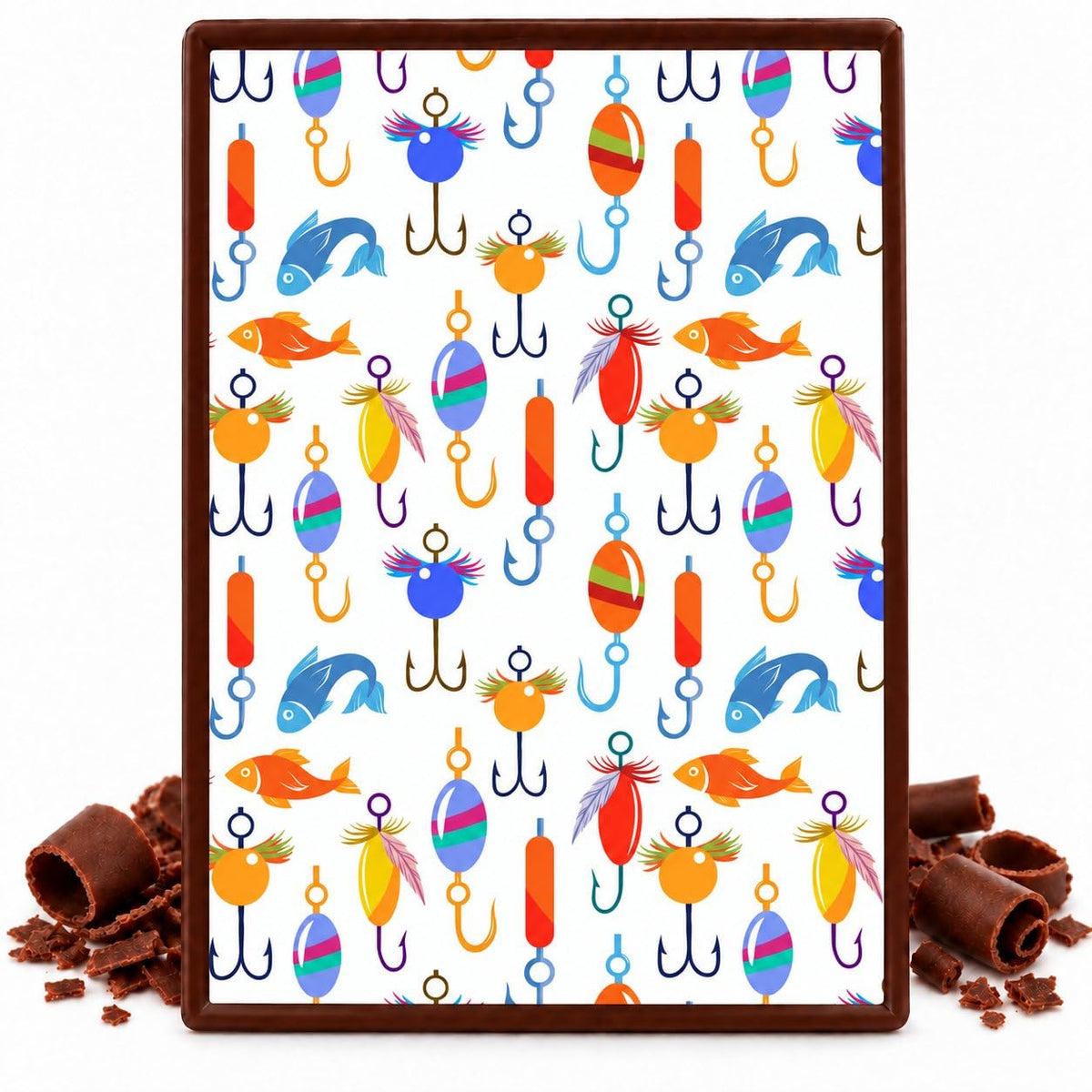 Colorful Fishing Lures and Hooks Pattern Edible Chocolate Transfer Sheet, by Party Poppin Cake Toppin. (1 Count)