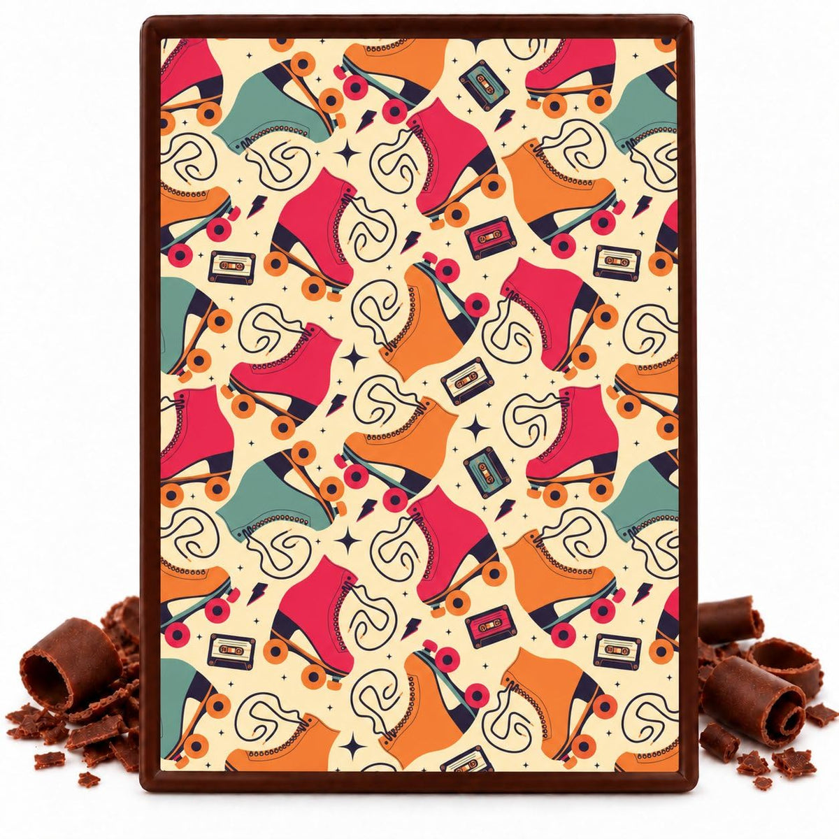 Retro Roller Skates and Cassette Tapes Pattern Edible Chocolate Transfer Sheet, by Party Poppin Cake Toppin. (1 Count)