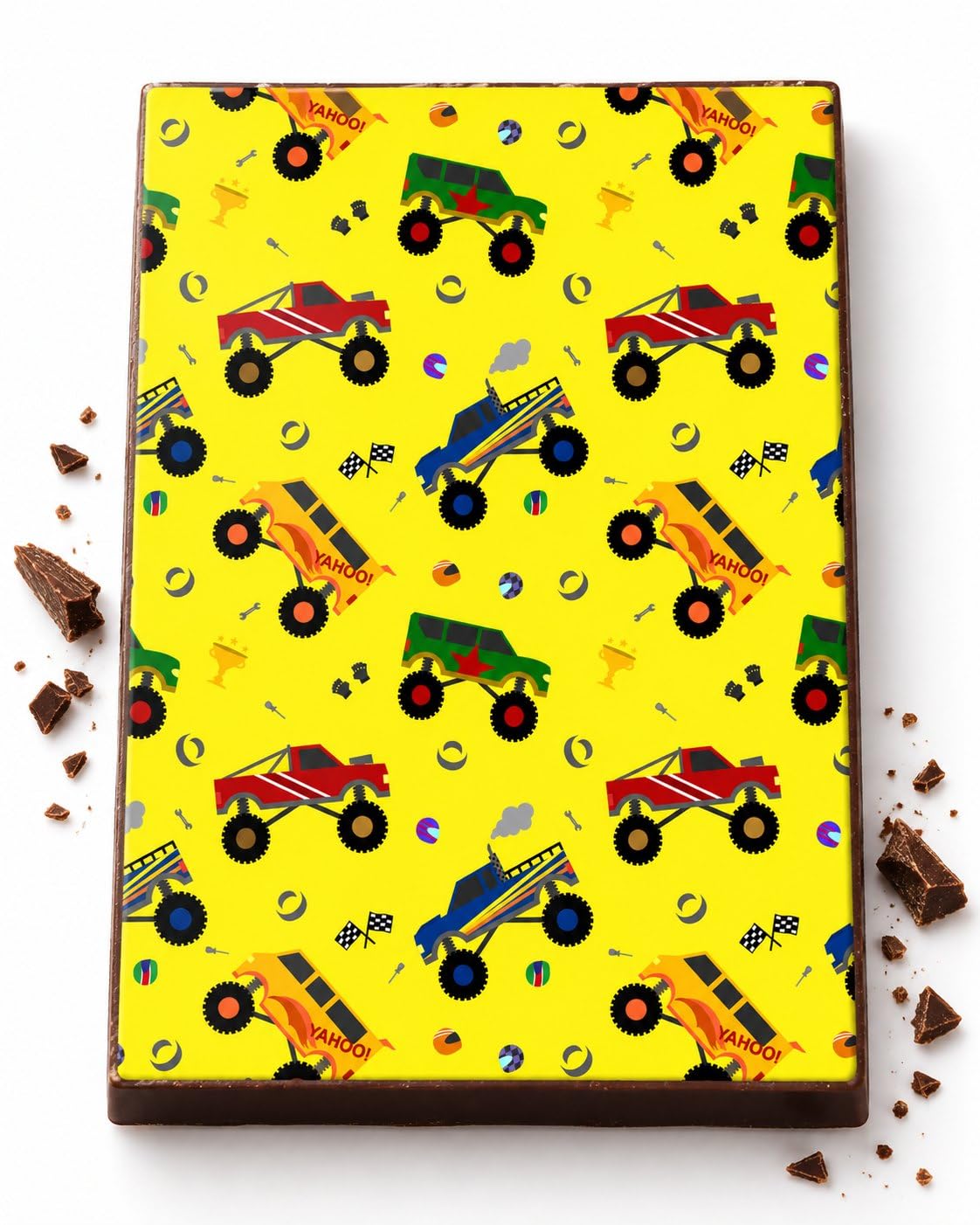 Colorful Monster Trucks on Yellow Pattern Edible Chocolate Transfer Sheet, by Party Poppin Cake Toppin. (1 Count)
