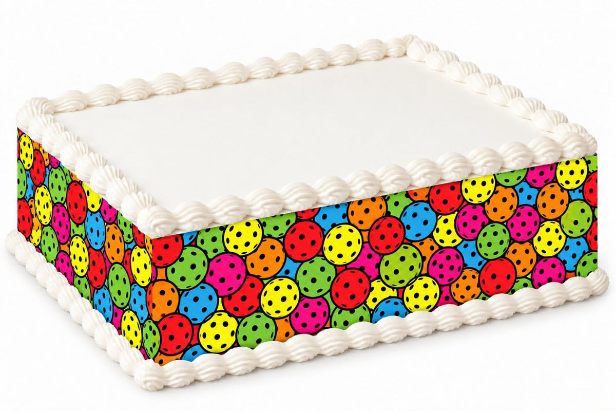 Multicolor Pickleballs on Black Pattern Edible Image Cake Border Strips, by Party Poppin Cake Toppin. (1 Count)