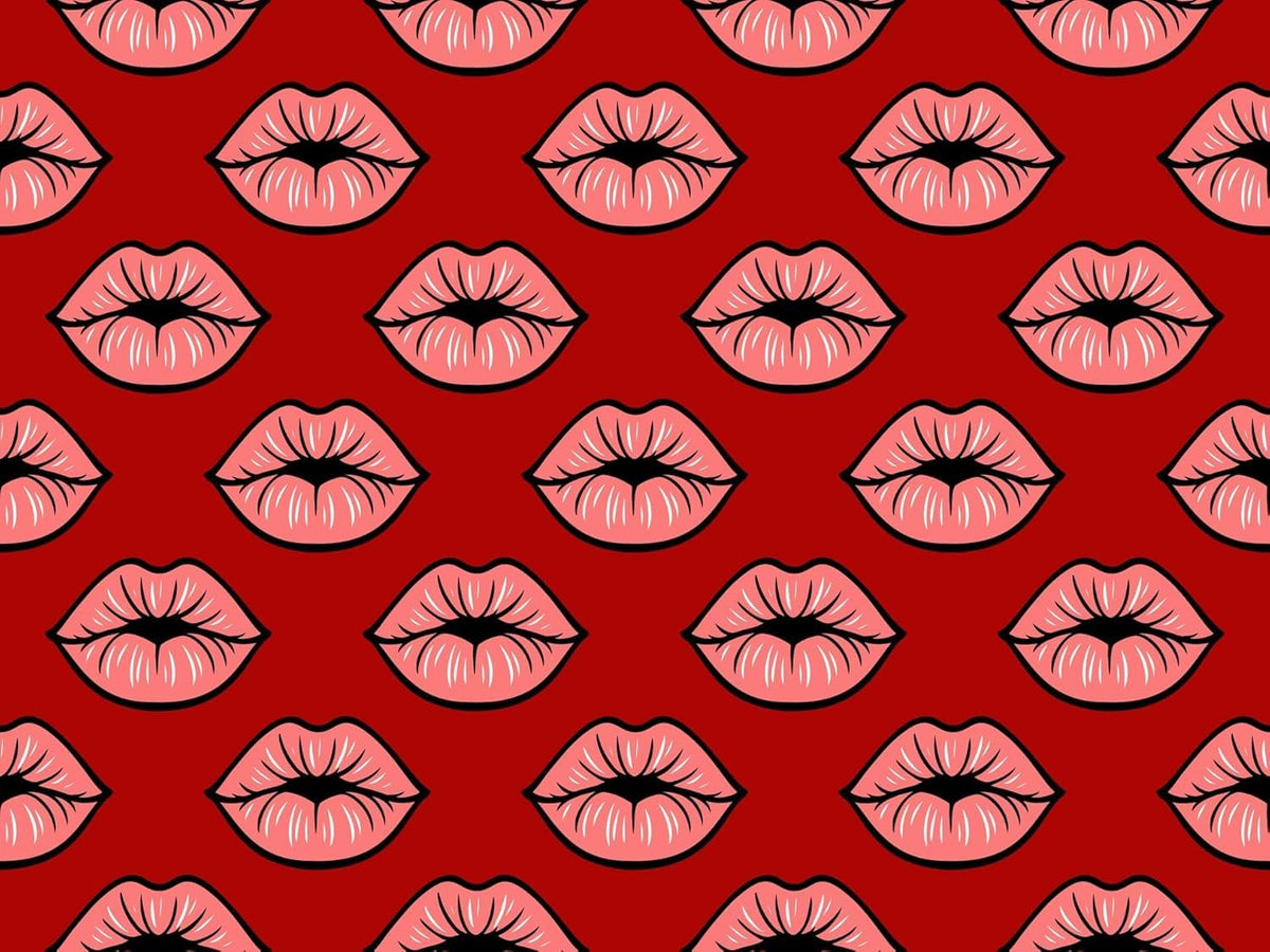 Pink Kissy Lips With Red Background Pattern Edible Image Photo Cake Border Strips 3 Pre Cut Strips Per Sheet 2.6″ x 10.5"