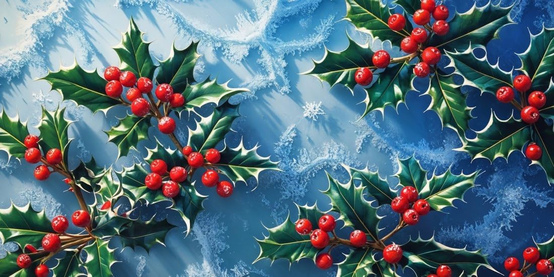 Holly and Red Berries on Icy Blue Edible Chocolate Transfer Sheet for Chocolate Covered Strawberries and Bark, 1 Count