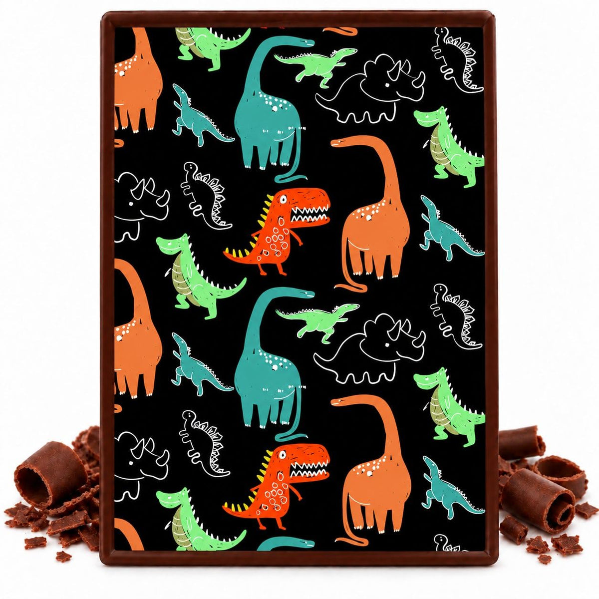 Colorful Dinosaurs on Black Pattern Edible Chocolate Transfer Sheet, by Party Poppin Cake Toppin. (1 Count)