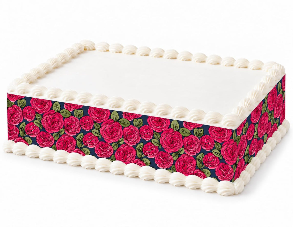 Deep Pink Roses and Olive Leaves on Navy Pattern Edible Image Cake Border Strips, by Party Poppin Cake Toppin. (1 Count)