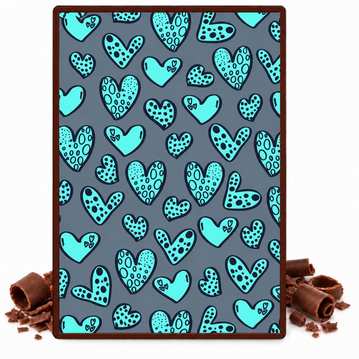 Teal and Navy Doodle Hearts on Slate Gray Pattern Edible Chocolate Transfer Sheet, by Party Poppin Cake Toppin. (1 Count)