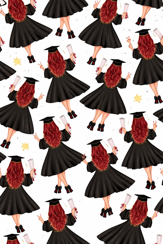 Back of Red Haired Woman in Cap & Gown Graduation Pattern Edible Image Chocolate Transfer Sheet. Apply To Your Custom Chocolate Treats