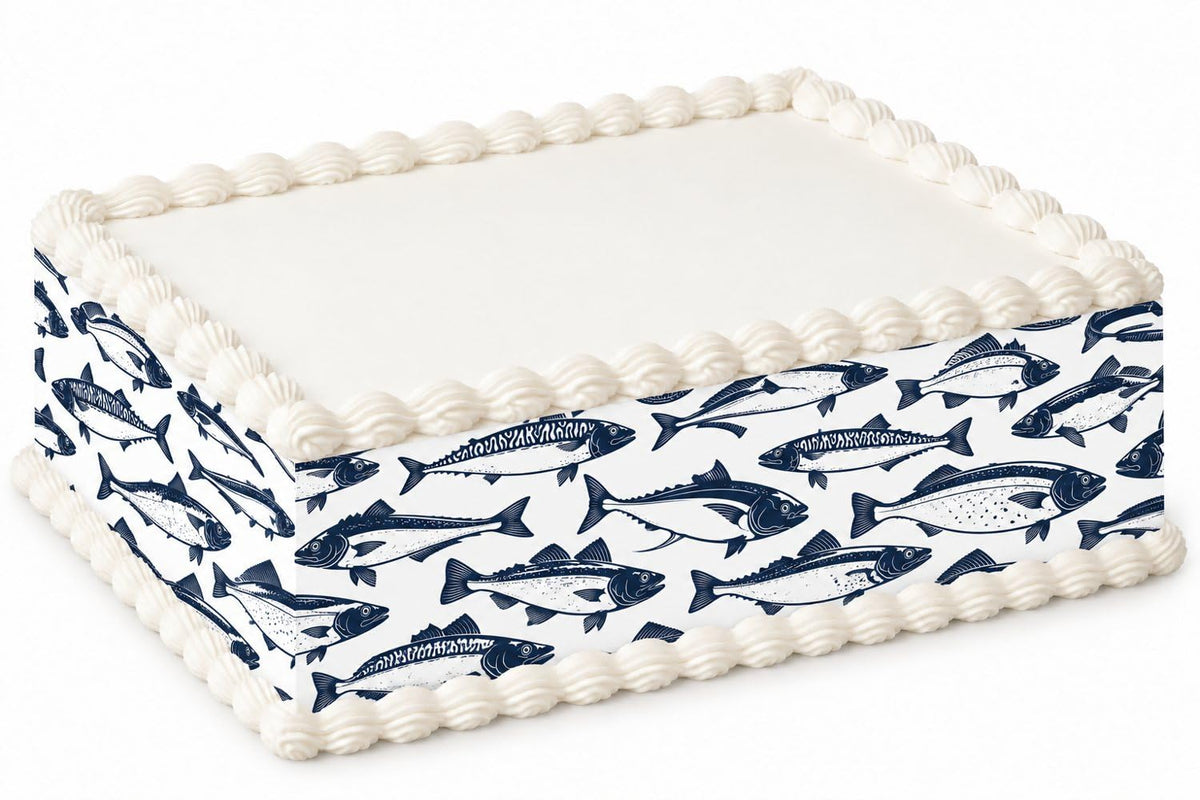 Navy Fish on White Pattern Edible Image Cake Border Strips, by Party Poppin Cake Toppin. (1 Count)