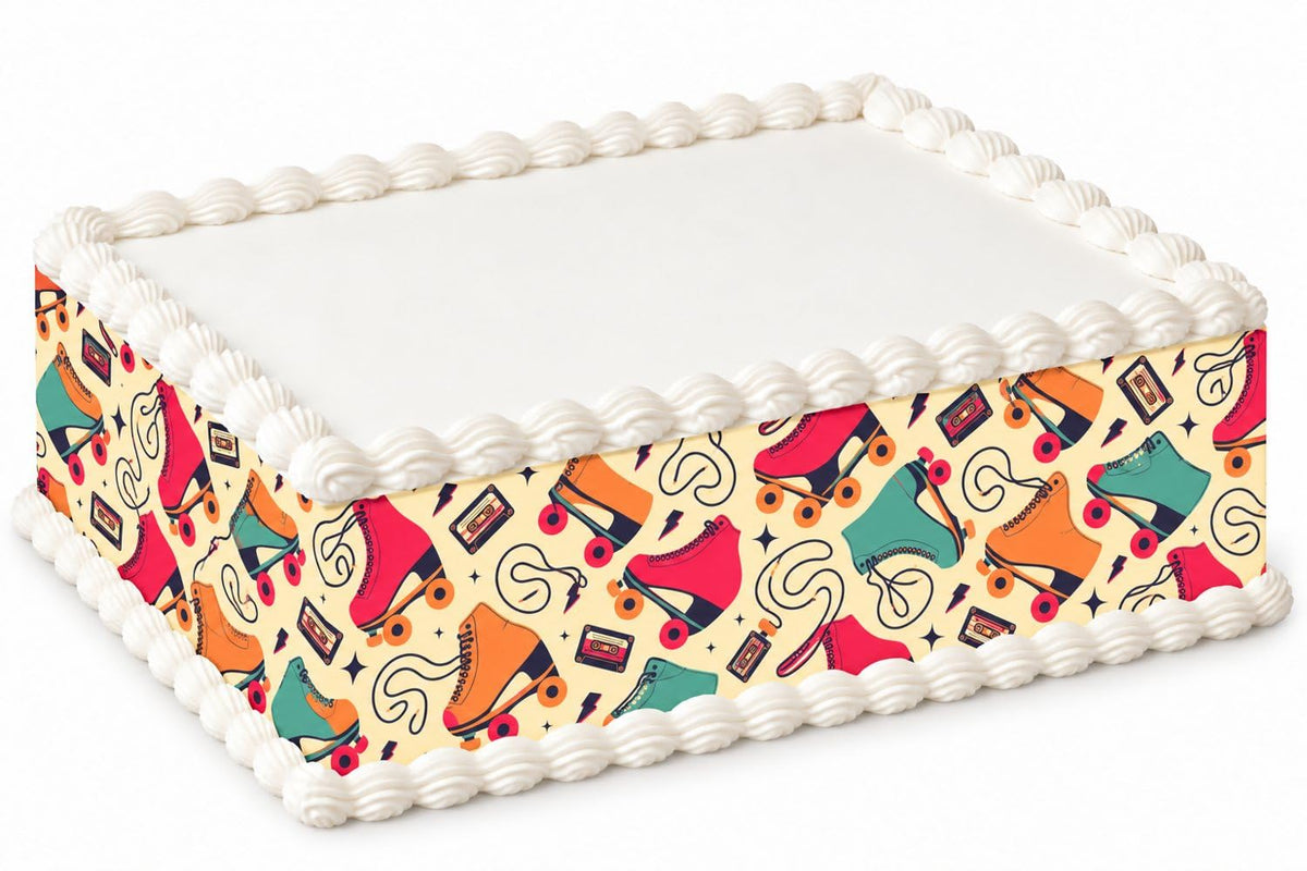 Retro Roller Skates and Cassette Tapes Pattern Edible Image Cake Border Strips, by Party Poppin Cake Toppin. (1 Count)