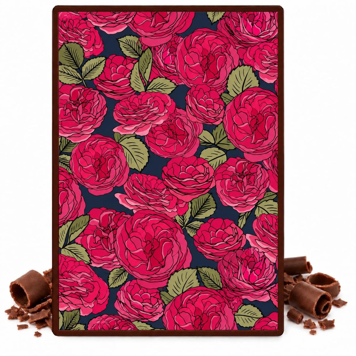 Deep Pink Roses and Olive Leaves on Navy Pattern Edible Chocolate Transfer Sheet, by Party Poppin Cake Toppin. (1 Count)