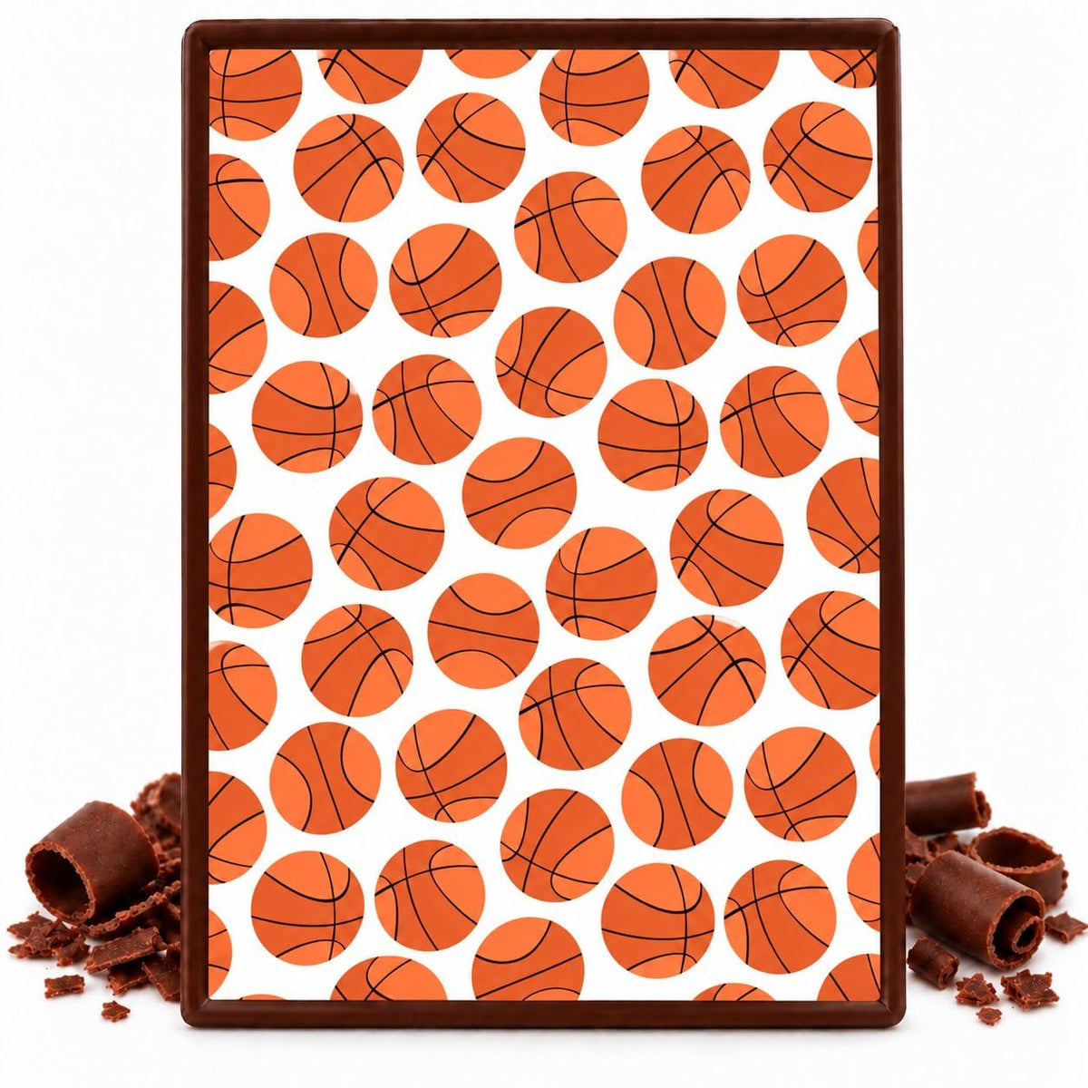 Orange Basketballs on White Pattern Edible Chocolate Transfer Sheet, by Party Poppin Cake Toppin. (1 Count)