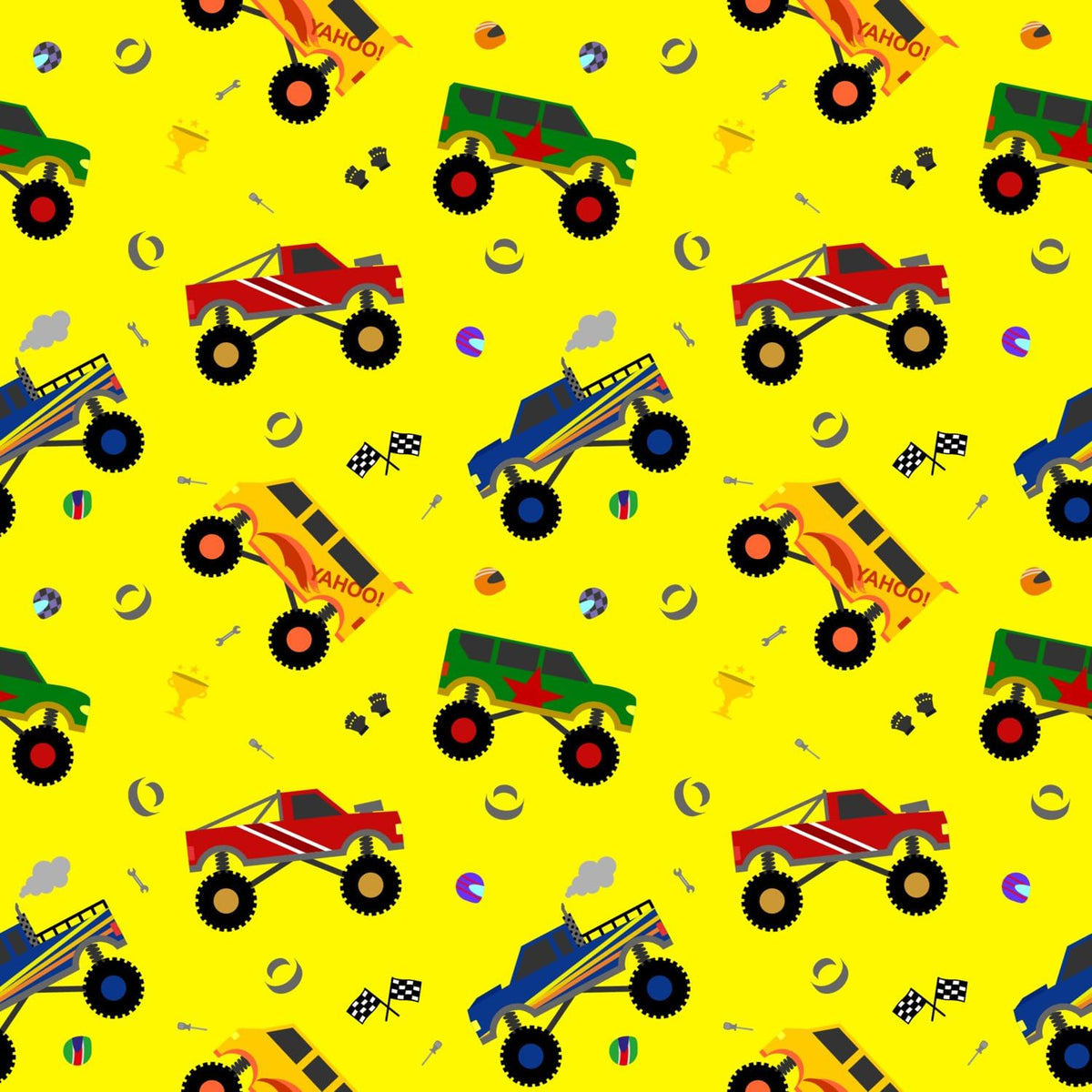 Colorful Monster Trucks on Yellow Pattern Edible Chocolate Transfer Sheet, by Party Poppin Cake Toppin. (1 Count)