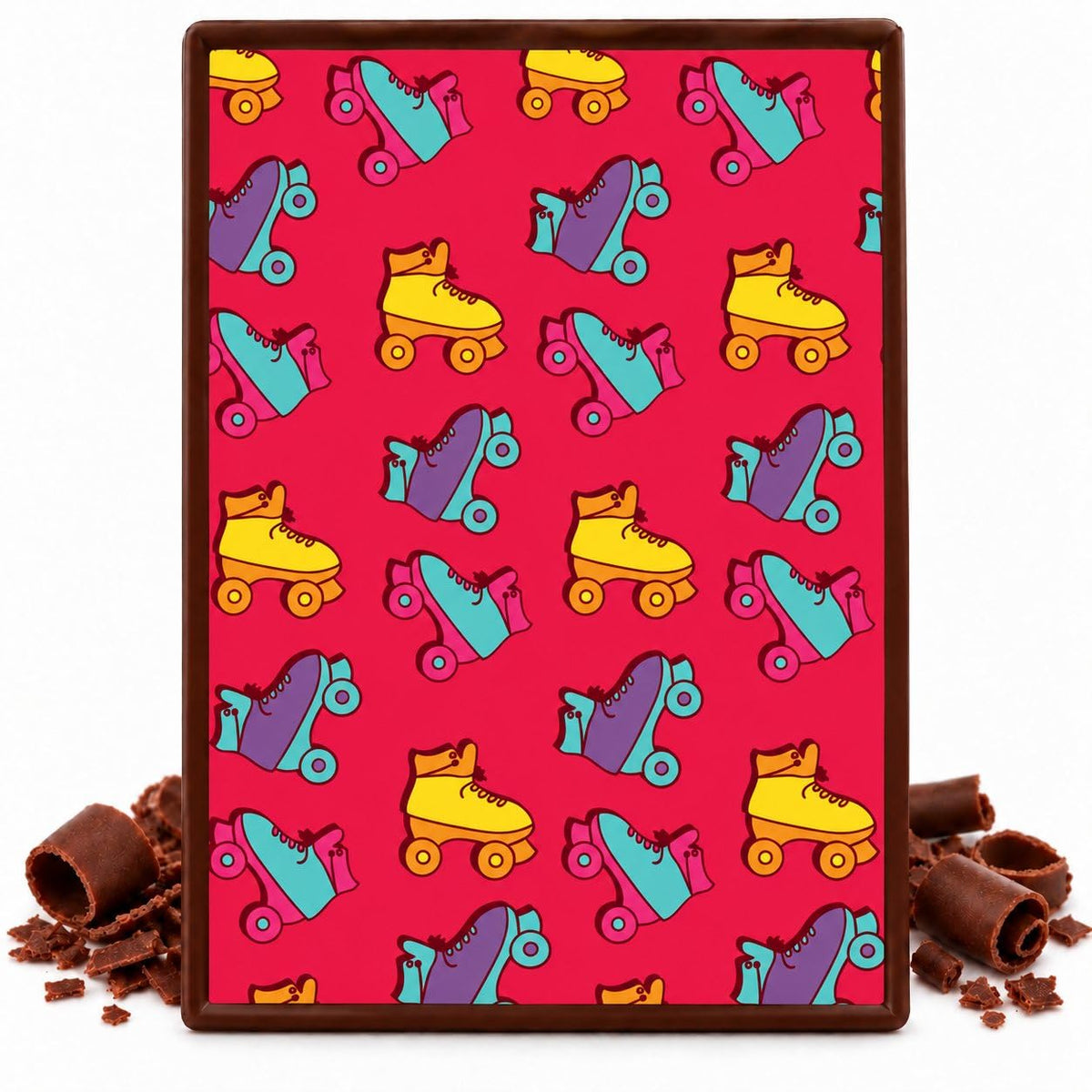 Colorful Roller Skates on Hot Pink Pattern Edible Chocolate Transfer Sheet, by Party Poppin Cake Toppin. (1 Count)
