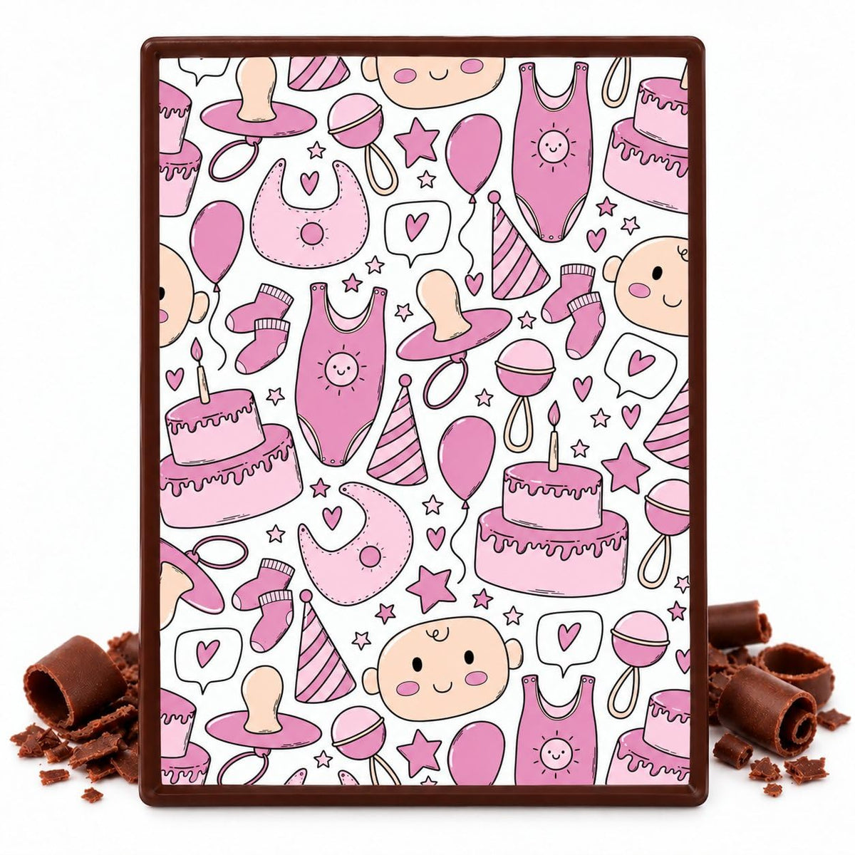 Pink Baby Shower Doodle Pattern Edible Chocolate Transfer Sheet, by Party Poppin Cake Toppin. (1 Count)