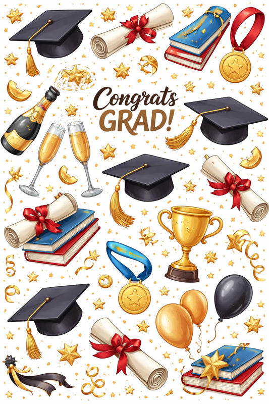Festive Congrats Grad, Books, Cap & Diploma Pattern Edible Image Chocolate Transfer Sheet. Apply To Your Custom Chocolate Treats