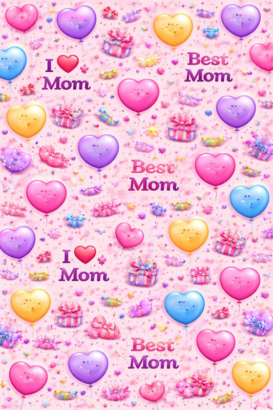 Best Mom Pink, Purple & Blue Hearts & Presents Pattern Edible Image Photo Cake Topper For Half Sheet Cake