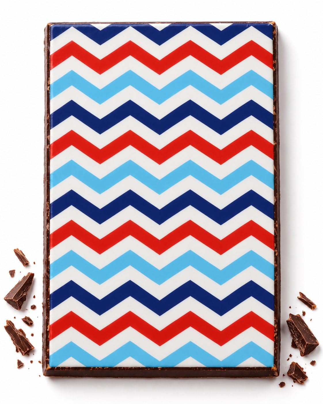 Red Navy and Light Blue Chevron Pattern Edible Chocolate Transfer Sheet, by Party Poppin Cake Toppin. (1 Count)