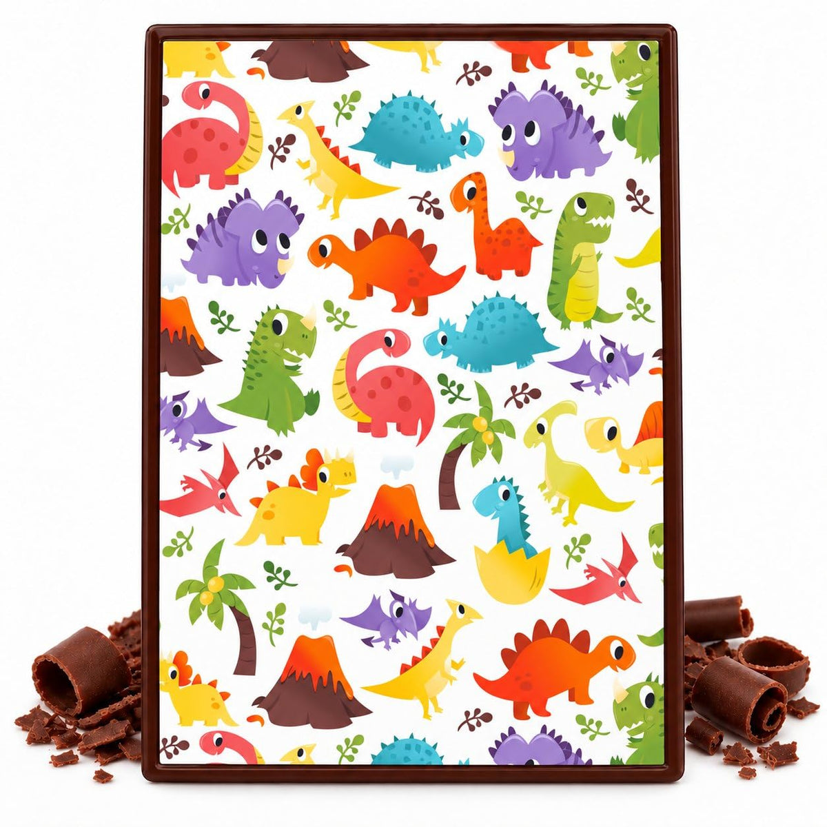 Colorful Dinosaurs and Volcanoes Pattern Edible Chocolate Transfer Sheet, by Party Poppin Cake Toppin. (1 Count)