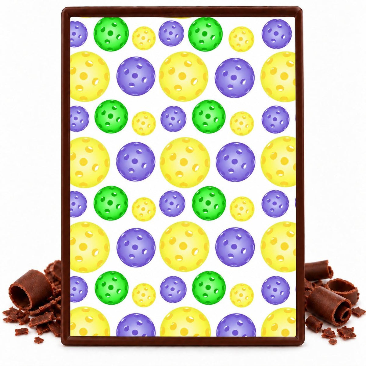 Yellow Green and Purple Pickleballs Pattern Edible Chocolate Transfer Sheet, by Party Poppin Cake Toppin. (1 Count)