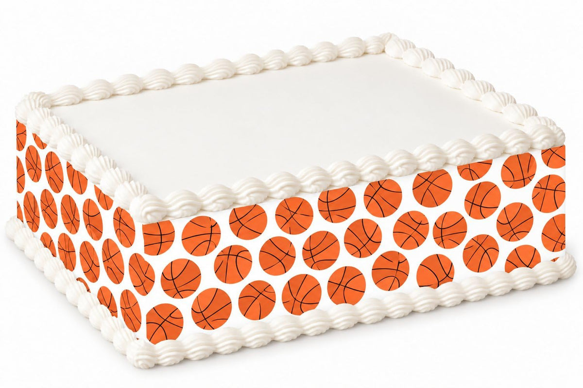 Orange Basketballs on White Pattern Edible Image Cake Border Strips, by Party Poppin Cake Toppin. (1 Count)