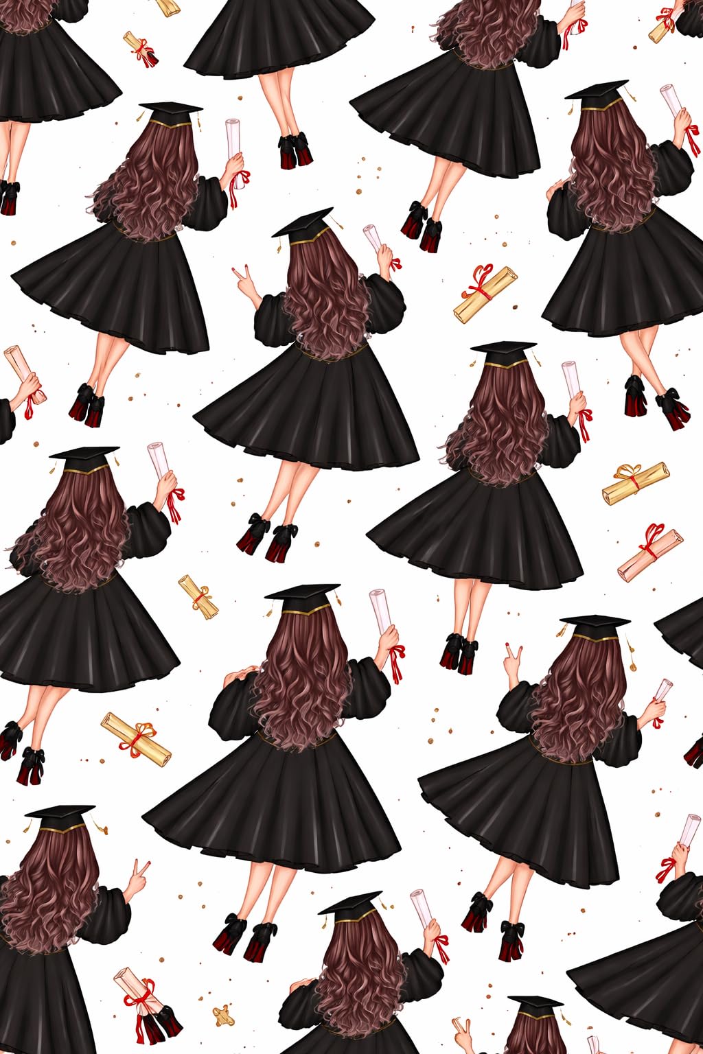 Back of Brunette in Cap & Gown Graduation Pattern Edible Image Photo Cake Topper For Half Sheet Cake