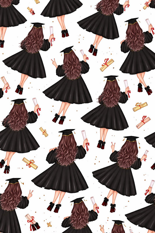 Back of Brunette in Cap & Gown Graduation Pattern Edible Image Photo Cake Topper For Half Sheet Cake