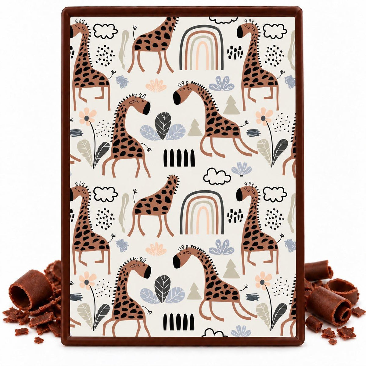 Neutral Giraffes Rainbows and Leaves Pattern Edible Chocolate Transfer Sheet, by Party Poppin Cake Toppin. (1 Count)