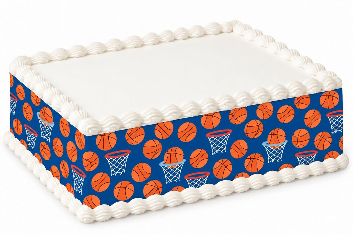 Orange Basketballs on Blue Pattern Edible Image Cake Border Strips, by Party Poppin Cake Toppin. (1 Count)