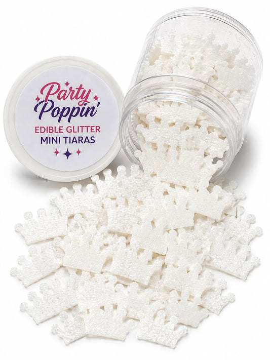 Party Poppin Cake Toppin' Miniature (0.5") Edible Wafer Paper White Sparkly Tiara Crowns for Cakes, Cookies, Drink Rims, Cupcakes & More! Perfect for your Princess Parties