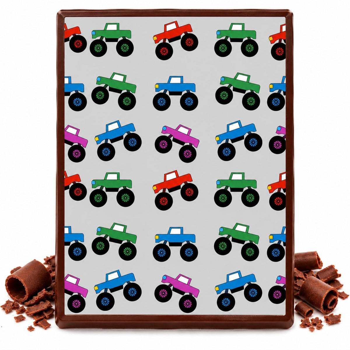 Colorful Monster Trucks on Gray Pattern Edible Chocolate Transfer Sheet, by Party Poppin Cake Toppin. (1 Count)