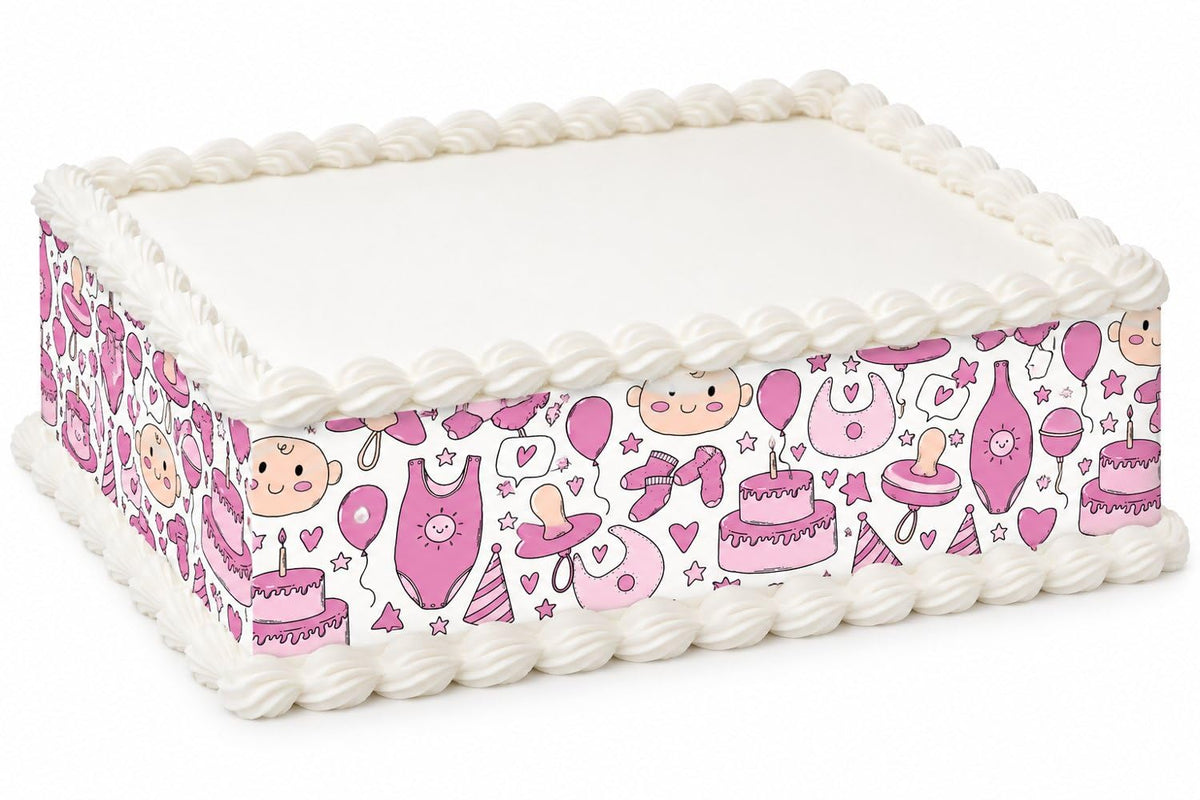 Pink Baby Shower Doodle Pattern Edible Image Cake Border Strips, by Party Poppin Cake Toppin. (1 Count)