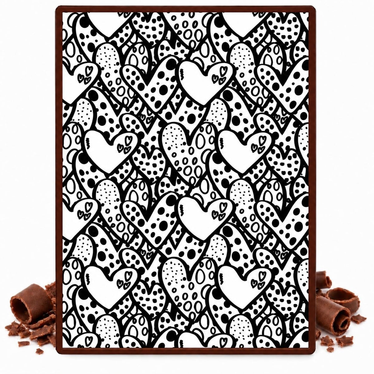 Black and White Doodle Hearts Pattern Edible Chocolate Transfer Sheet, by Party Poppin Cake Toppin. (1 Count)