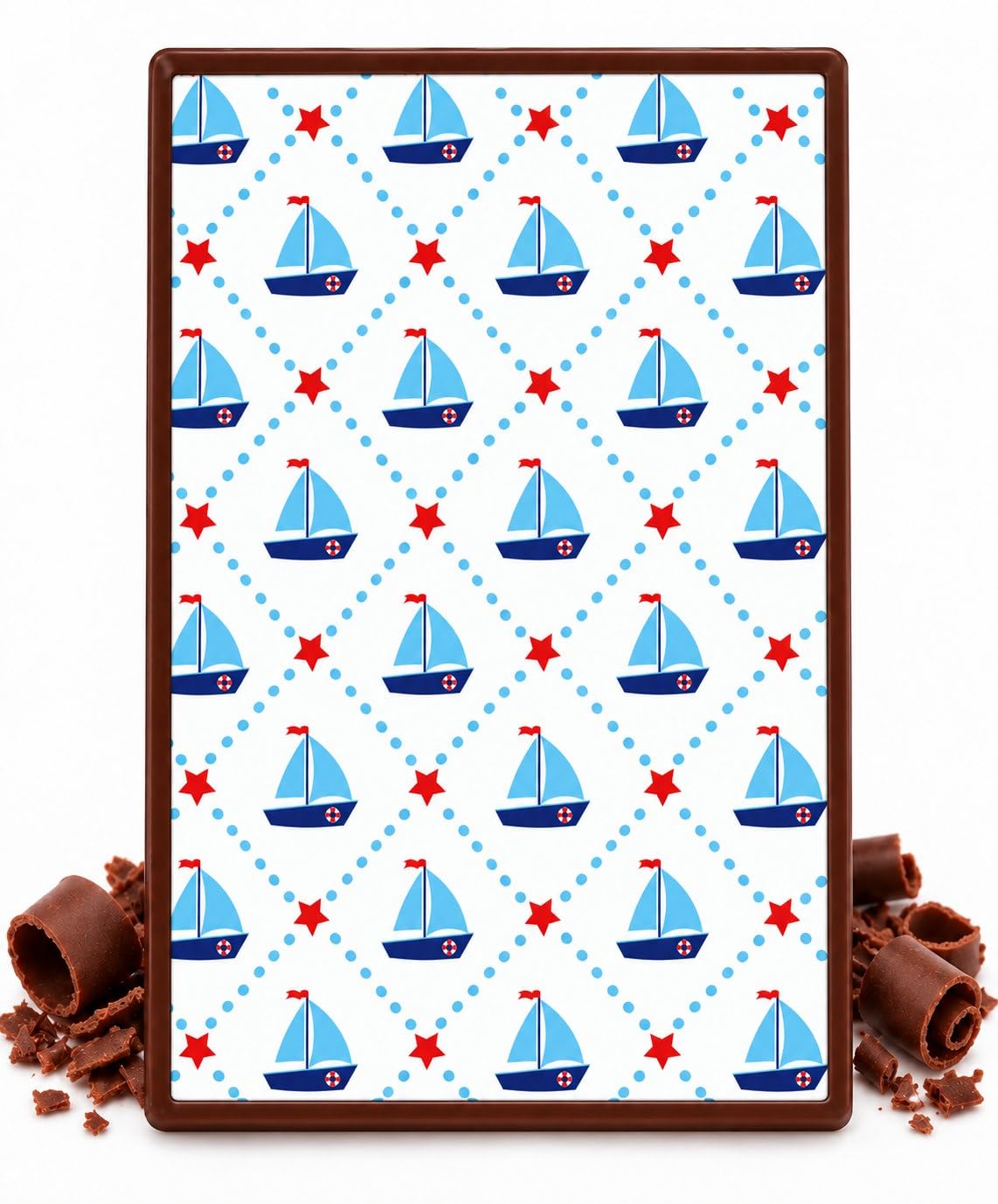 Blue Sailboats and Red Stars Diamond Pattern Edible Chocolate Transfer Sheet, by Party Poppin Cake Toppin. (1 Count)