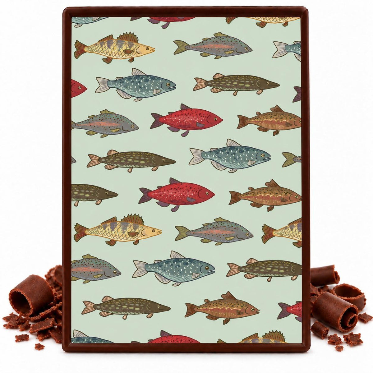 Freshwater Fish on Beige Pattern Edible Chocolate Transfer Sheet, by Party Poppin Cake Toppin. (1 Count)