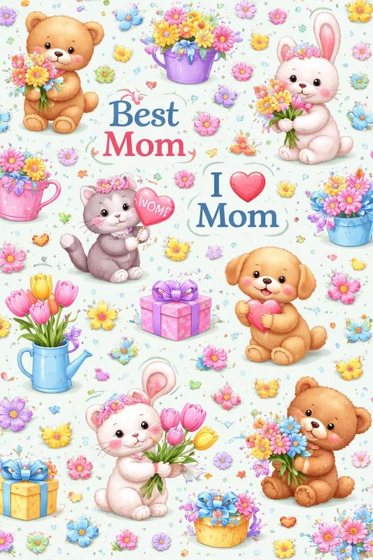 Puppies, Kittens & Bunnies I Love Mom Pattern Edible Image Photo Cake Topper For Quarter Sheet Cake