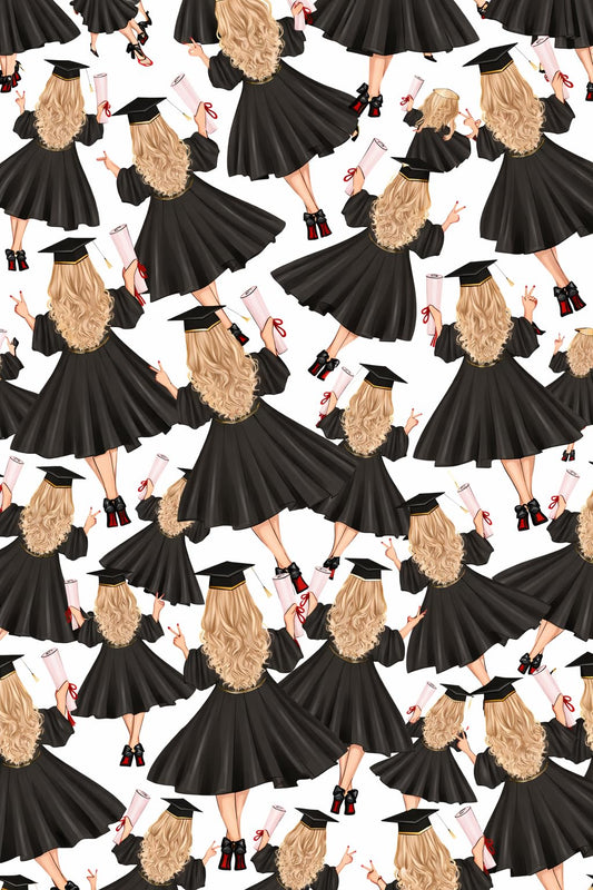 Blonde Graduate in Cap & Gown Walking Away Pattern Edible Image Photo Cake Topper For Half Sheet Cake