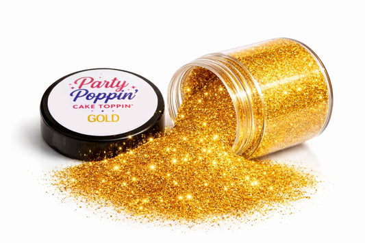Party Poppin Cake Toppin Gold Sparkly & Bright Edible Glitter™ – Food Grade Edible Glitter for Cakes, Cupcakes & Drinks – Gold – 5 Gram Pot with Tear Drop Lid