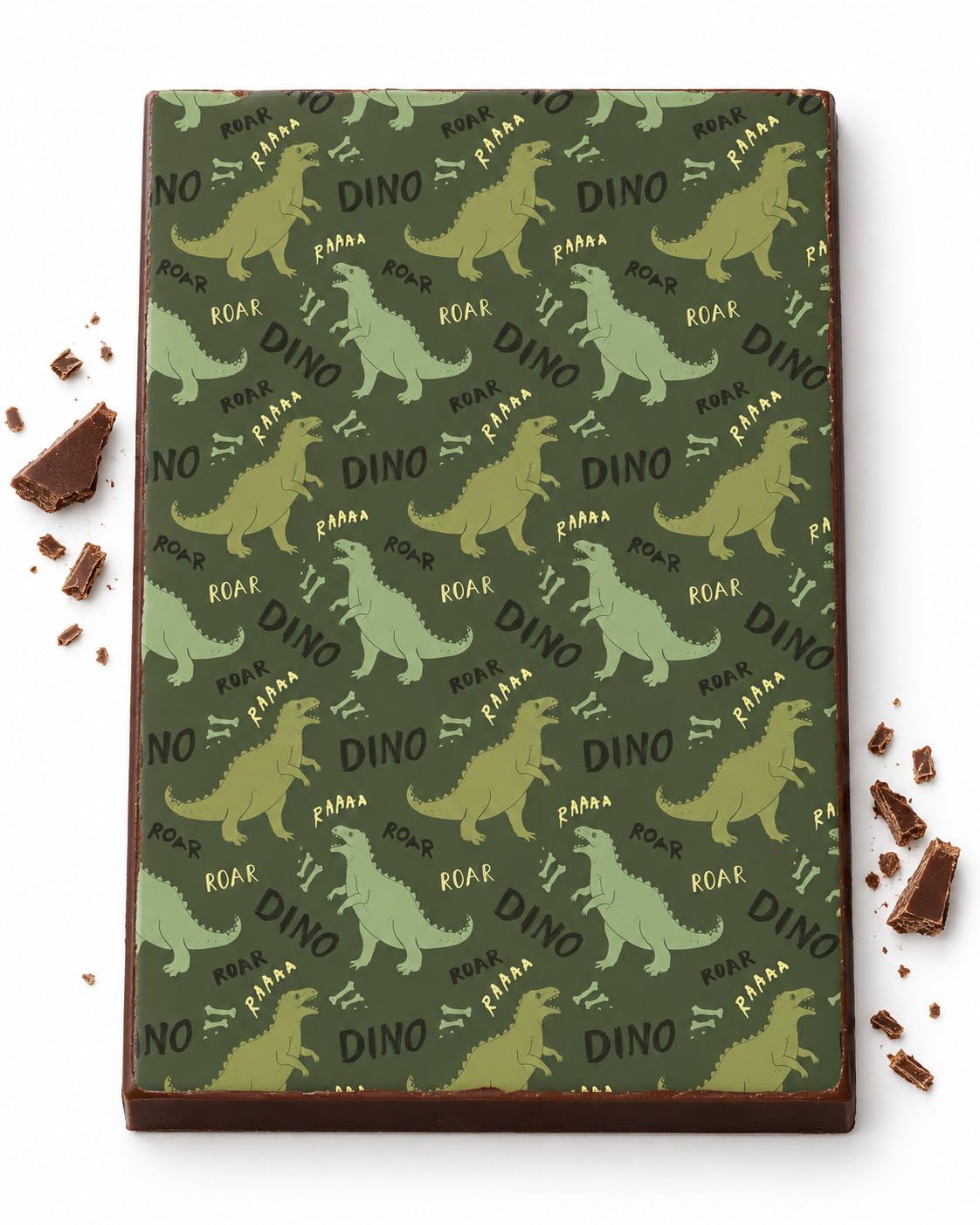 Green Dinosaur Silhouettes and Lettering Pattern Edible Chocolate Transfer Sheet, by Party Poppin Cake Toppin. (1 Count)