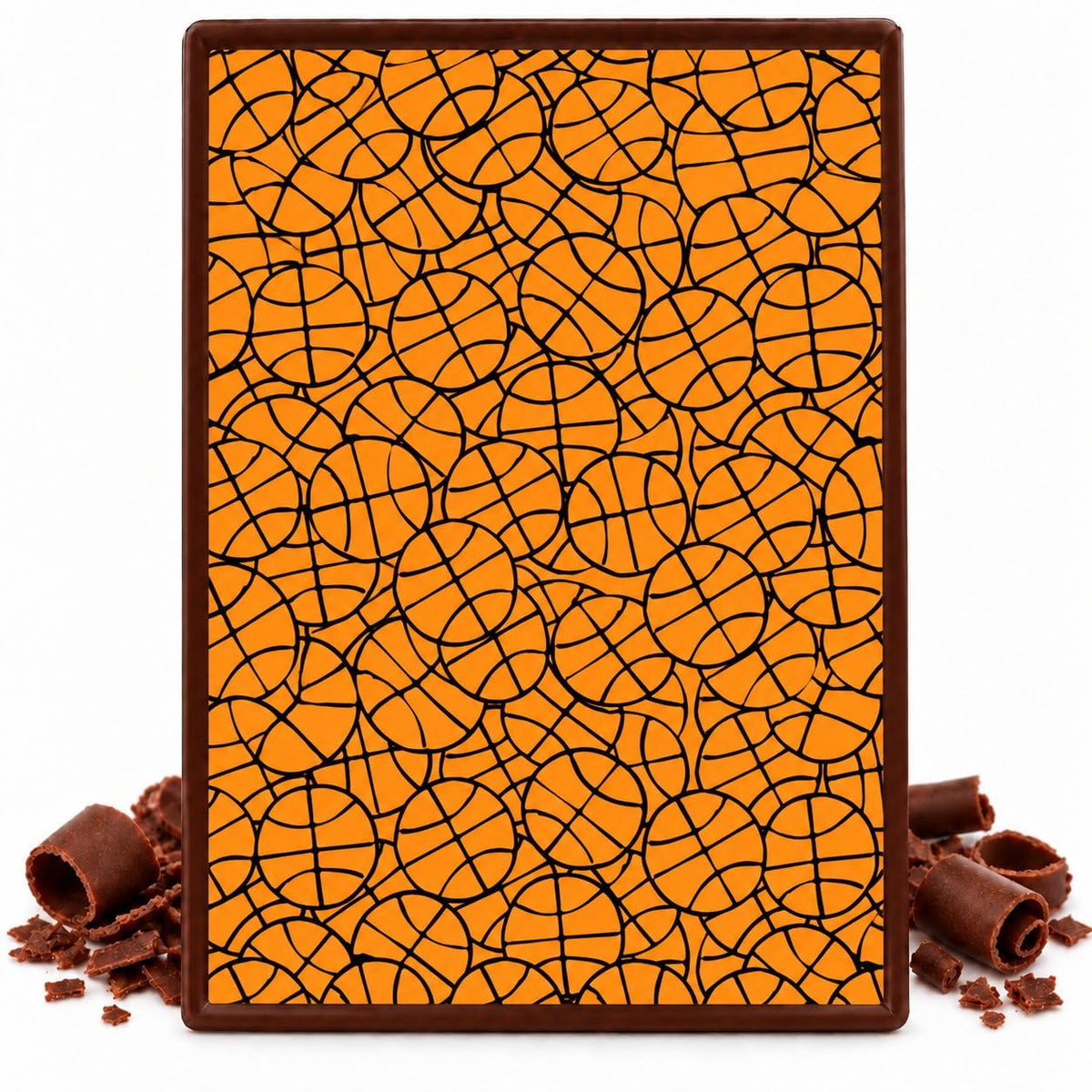 Black Basketball Lines on Orange Pattern Edible Chocolate Transfer Sheet, by Party Poppin Cake Toppin. (1 Count)