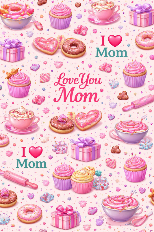 I Love Mom Baking Cookies, Cupcake Pattern Edible Image Photo Cake Topper For Half Sheet Cake