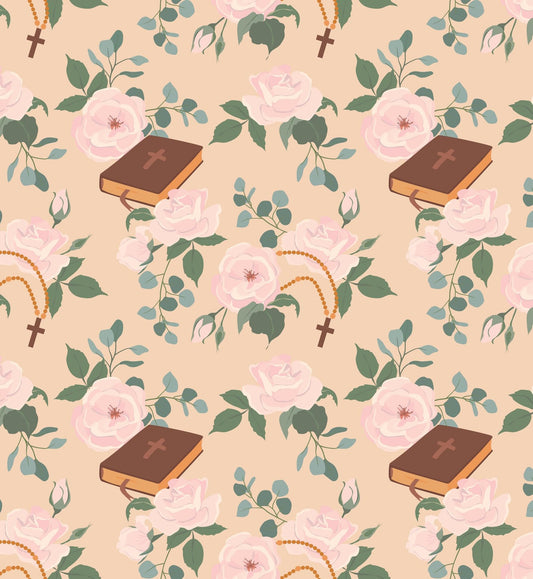 Rose & Bible with Tan Background Pattern Edible Image Photo Cake Topper For Quarter Sheet Cake